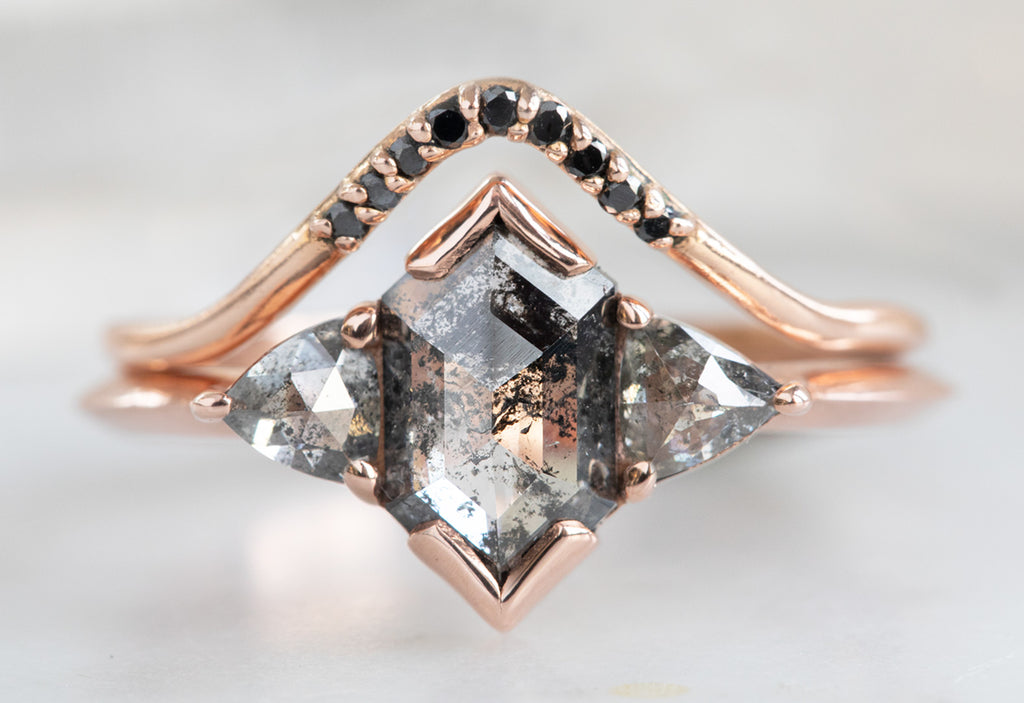 The Jade Ring with a Salt and Pepper Hexagon Diamond with Pavé Peak Diamond Stacking Band