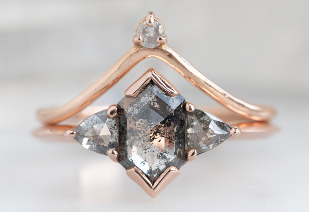 The Jade Ring with a Salt and Pepper Hexagon Diamond with Diamond Crown Stacking Band