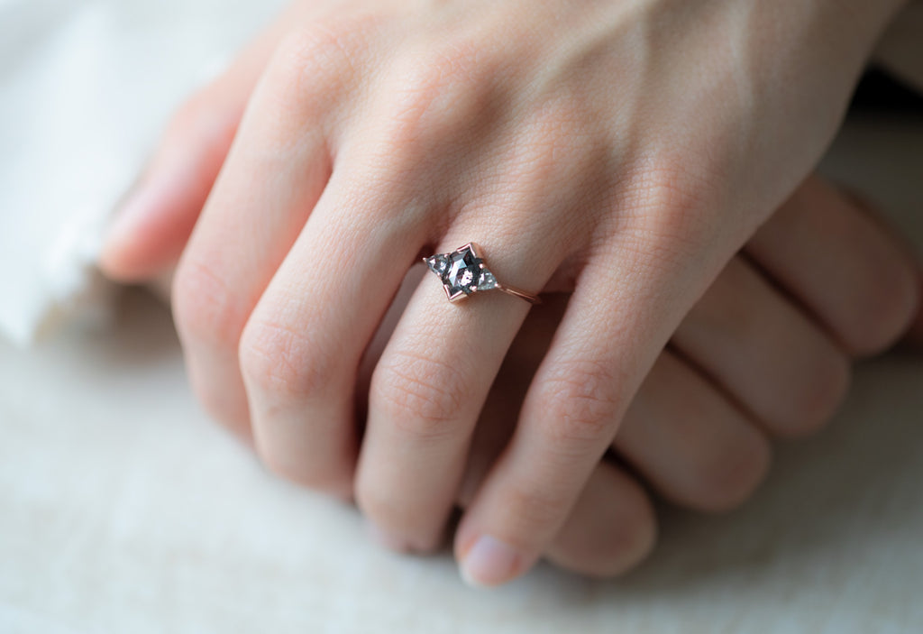 The Jade Ring with a Salt and Pepper Hexagon Diamond on Model