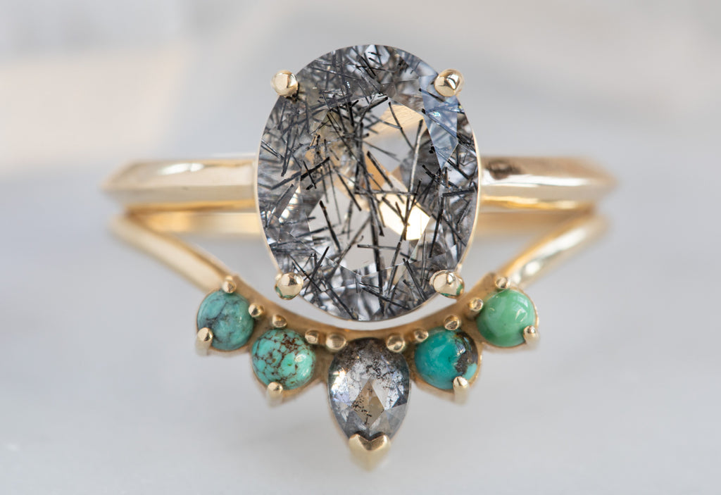 The Bryn Ring with an Oval-Cut Tourmaline In Quartz with Turquoise and Diamond Sunburst Stacking Band