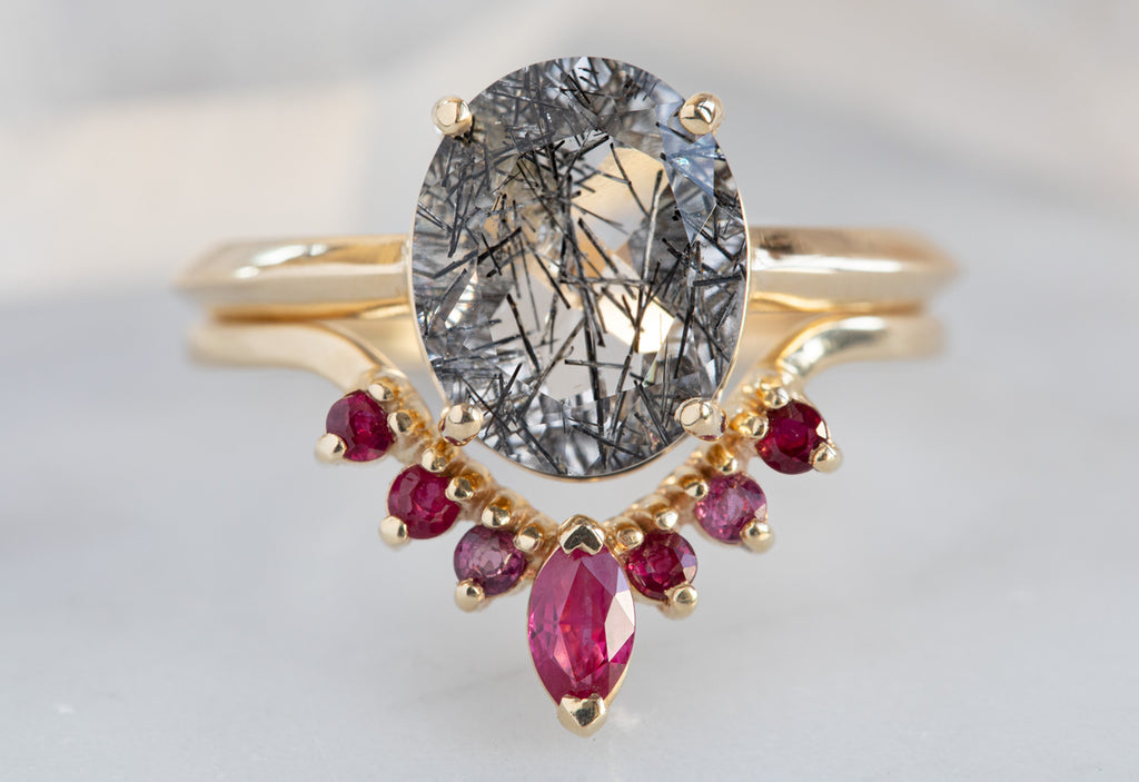 The Bryn Ring with an Oval-Cut Tourmaline In Quartz with Ruby Sunburst Stacking Band