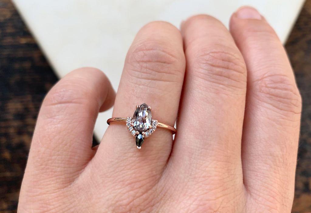 Half Halo Salt and Pepper Diamond Engagement Ring on Model