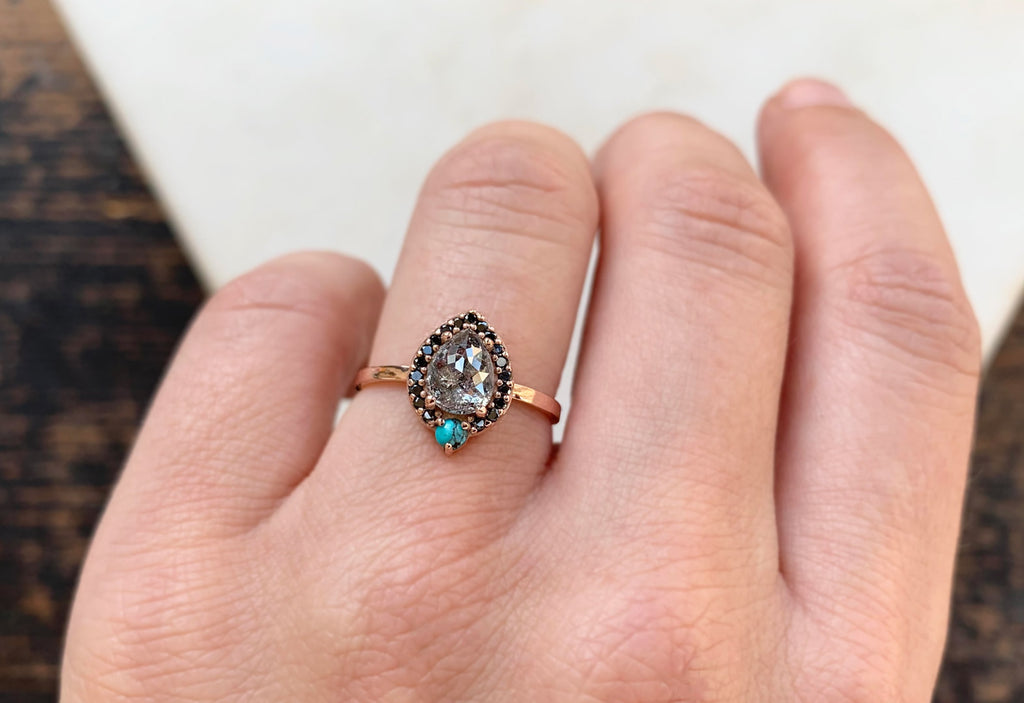 Rose Cut Salt + Pepper Engagement Ring with Turquoise + Black Diamond Halo