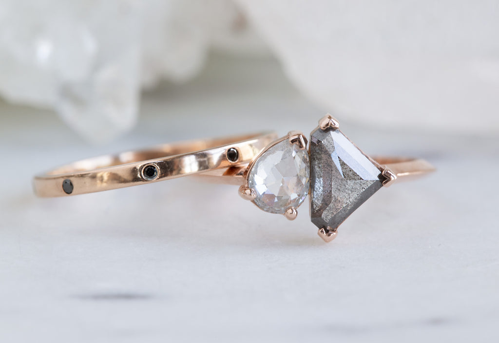 'You & Me' Ring with a Grey Shield + White Diamond With Stacking Band