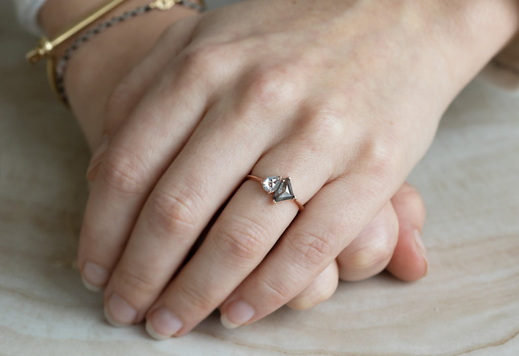 'You & Me' Ring with a Grey Shield + White Diamond On Model